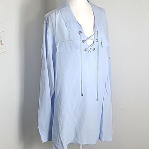 Calvin Klein Light Blue Longsleeve Top with Lace-up Front, Size 2X